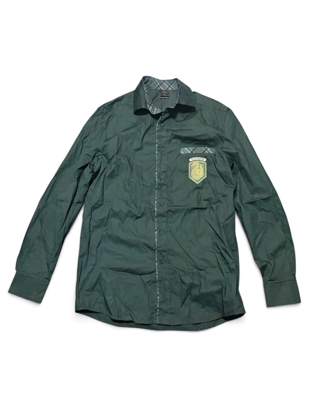Universal Studios Harry Potter Slytherin Crest Green Plaid-Trim Button-Up Shirt